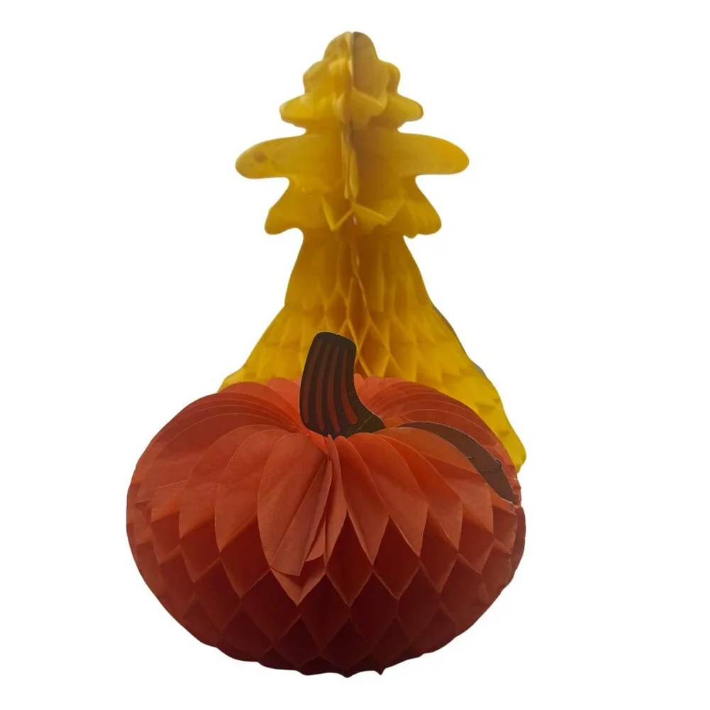 Vintage Honeycomb Paper Pumpkin & Cornstalk Decorations Fall Thanksgiving